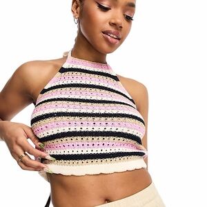Vero Moda Crochet Cropped Halter Top Navy Pink Brown White Stripe Womens Medium